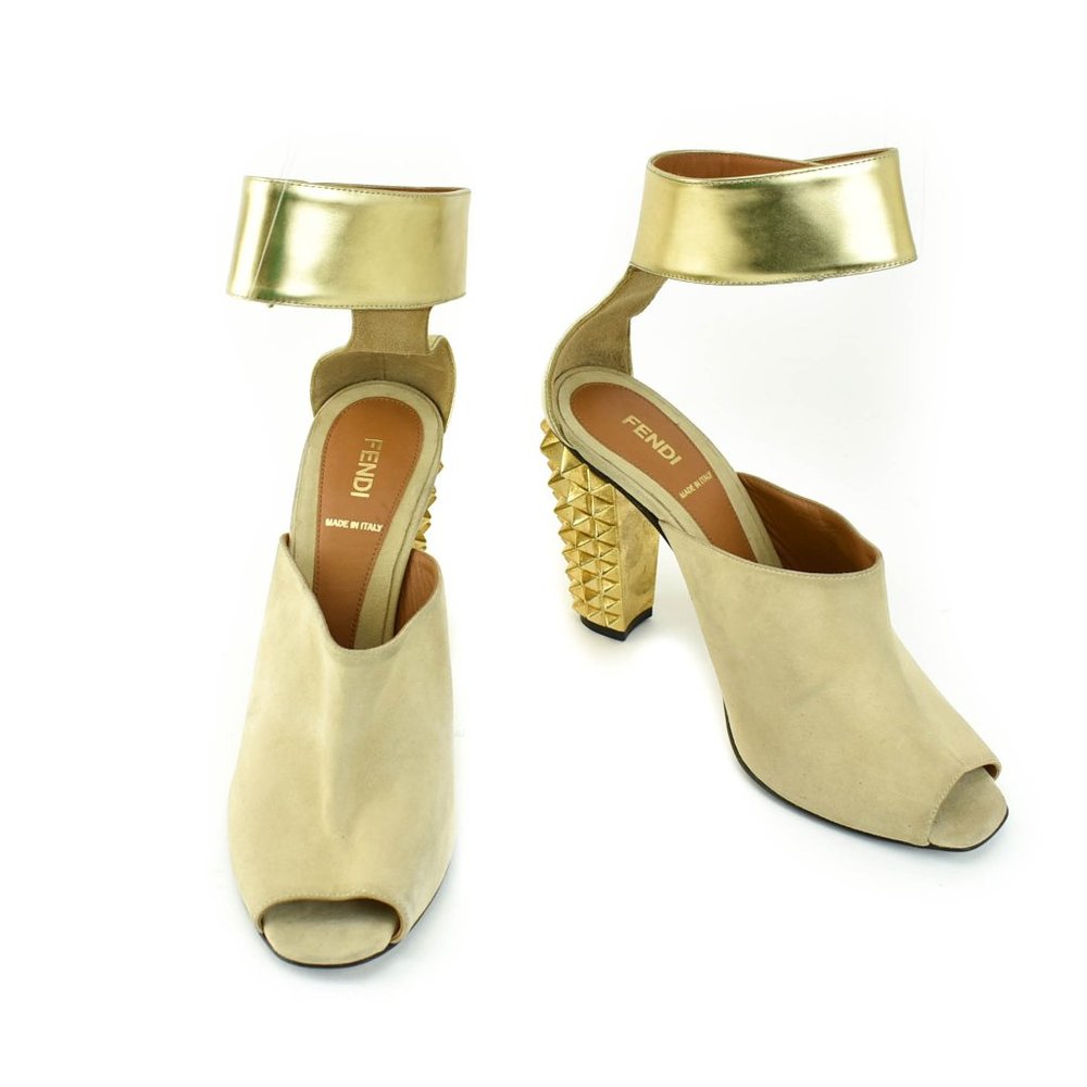 FENDI: Beige Leather & Gold Studded Sandals/Heels
